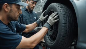 Ein Mechaniker wechselt ein Rad in einer belebten Autowerkstatt, umgeben von Autoteilen auf einem sauberen Betonboden