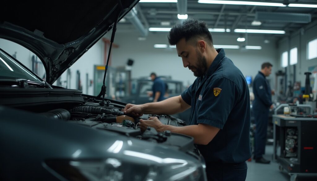 Mechaniker führt einen Klimaanlagenservice an einem Fahrzeug in einer modernen Werkstatt durch. In dunklen, anthrazitfarbenen Tönen gehalten, zeigt das Bild präzise Werkzeuge und ein realistisches Arbeitsumfeld, das die professionelle Wartung der Klimaanlage betont.