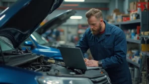 Ein bärtiger männlicher Mechaniker arbeitet an einem Auto mit offenem Motorhaube und verwendet einen Laptop zur Diagnose in einer professionellen Werkstatt.