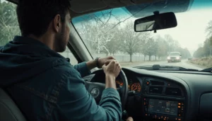 Ein Mann sitzt am Steuer eines Autos und fährt auf einer Straße, während er nach vorne schaut. Die Windschutzscheibe ist an einer Stelle stark beschädigt und hat einen großen Riss.